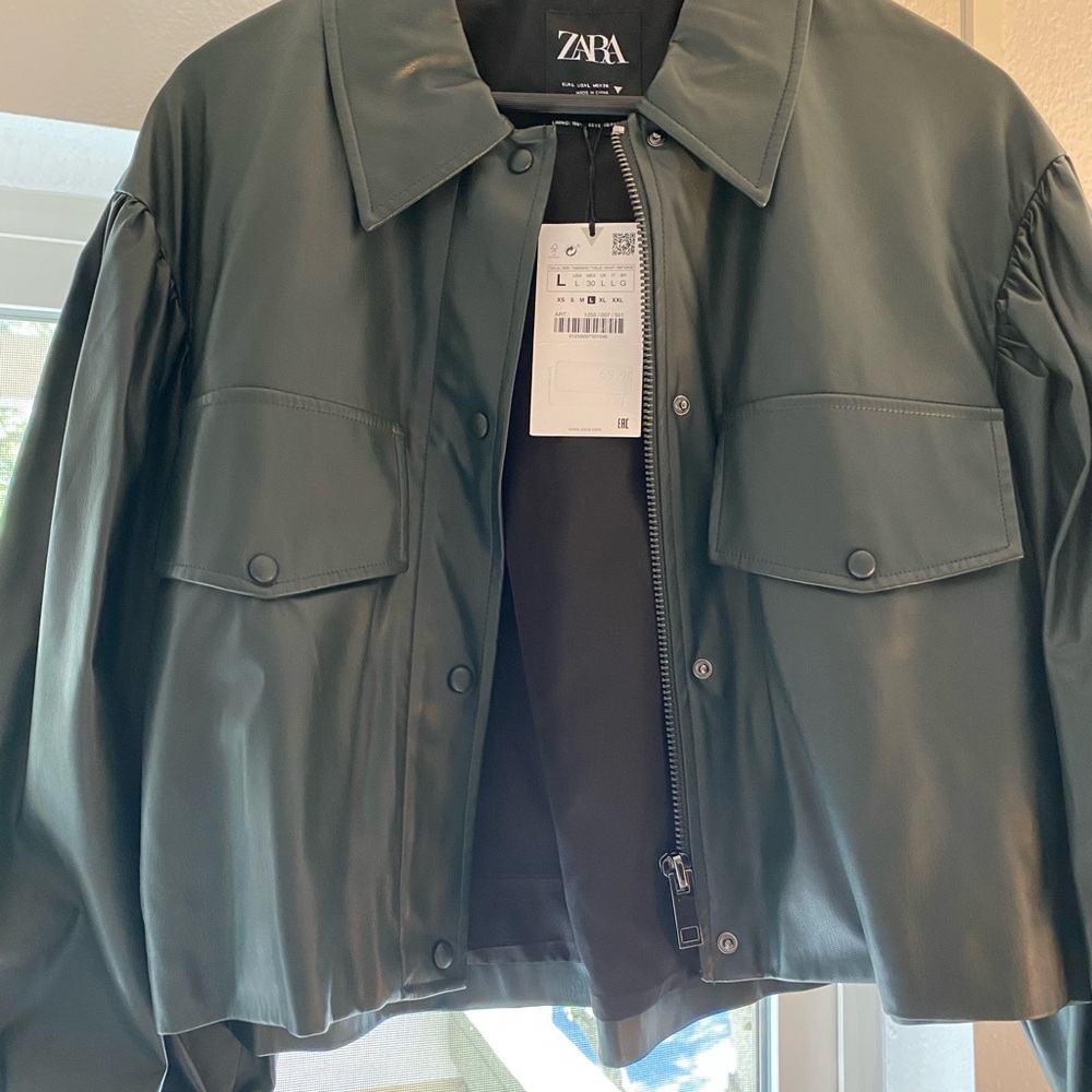 ZARA Dark Green Faux Leather Jacket with Front Flap Pockets